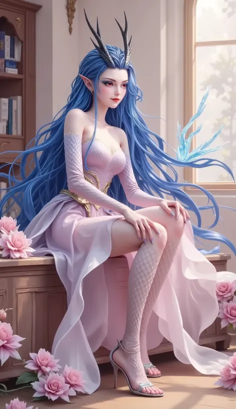 Dragon Girl, unique , blue hair, She will freeze magic, red eyes,Blue eyelashes,She will freeze magic, red eyes,Blue eyelashes,
