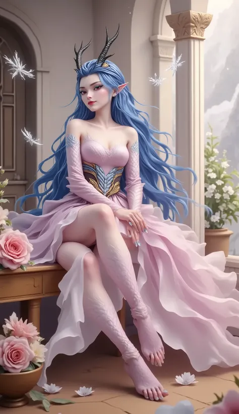 Dragon Girl, unique , blue hair, She will freeze magic, red eyes,Blue eyelashes,She will freeze magic, red eyes,Blue eyelashes,