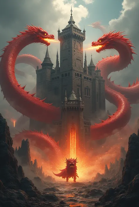 Red dragons with yellow eyes surround the castle and the red lion dance also protects the castle