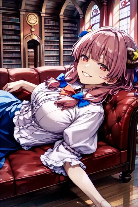  detailed depiction of up to the front door、((Touhou Project's Patchouli Knowledge))、((( is in the Crimson Demon Museum library at night)))、(((Lying on the sofa)))、(( in the room))、(((( gentle smile))))、 (((( height 155 cm)))、(((whole body)))、Vivid colors、...