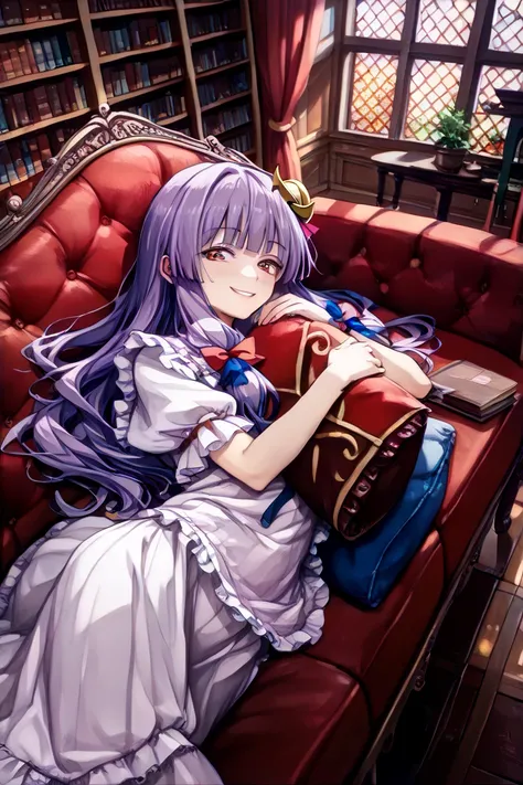  detailed depiction of up to the front door、((Touhou Project's Patchouli Knowledge))、((( is in the Crimson Demon Museum library at night)))、(((Lying on the sofa)))、(( in the room))、(((( gentle smile))))、 (((( height 155 cm)))、(((whole body)))、Vivid colors、...