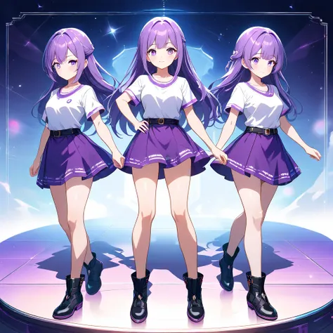 animation female character, 3girls, purple long hair, purple eyes, full body, standing, bare legs, white t-shirts, purple skirts, black shoes