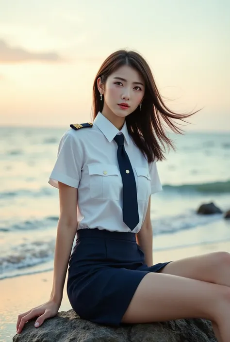 Sexy beautiful Japanese woman, a self defense officer uniform, wearing a white short-sleeved shirts, navy blue tie, navy blue pencil skirt, Black patent high heels, beautiful hip-line, Beautiful thighs, a woman sitting on the beach looking out to sea, wari...