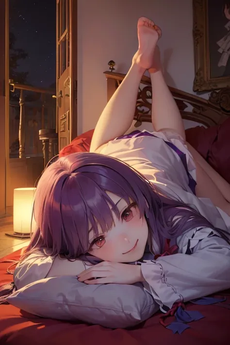  detailed depiction of up to the front door、((Touhou Project's Patchouli Knowledge))、((( is in the Crimson Demon Museum library at night)))、(((Lying on the sofa)))、(( in the room))、(((( gentle smile))))、 (((( height 155 cm)))、(((whole body)))、Vivid colors、...