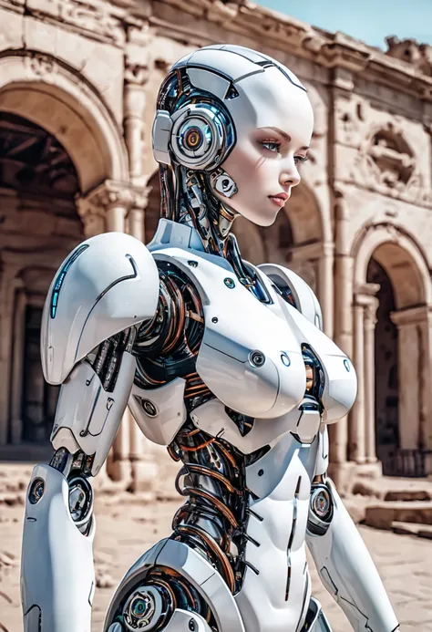 There is a woman in robot suit posing next to ancient building, beautiful white girl half-cyborg, cute cyborg girl, beautiful girl cyborg, perfect robot girl, cyborg girl, young cyborg lady, beautiful female robot, beautiful robot woman, cyborg-girl, perfe...