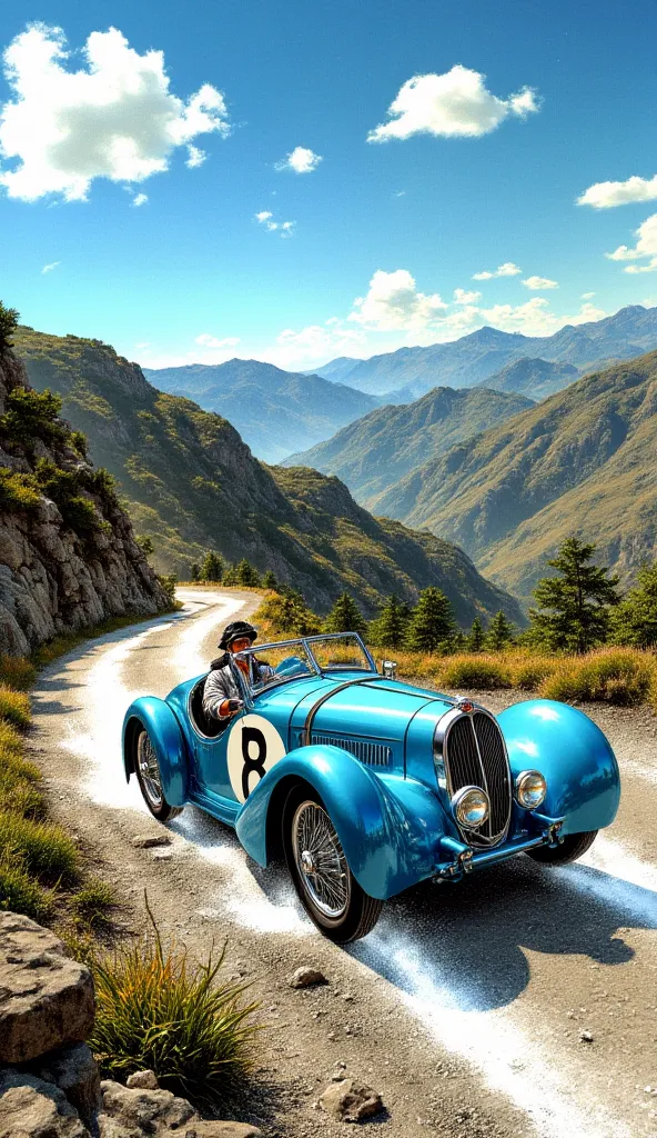 （30's ：1.3），A Bugatti Type 57S sports car is speeding on a rugged mountain road，Sports car body lines are smooth，The blue metallic luster shines in the sun。The driver is wearing a retro racing suit，Wearing a pilot hat，Focusing on driving this legendary spo...