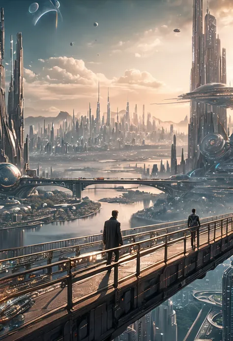 (8k unit wallpaper CG extremely detailed, masterpiece, best quality, ultra-detailed), (((solo)))), ((extremely wide shot:1.15)), a man on a bridge looking at a scifi city in the distance in the background, ((back view)), ((full body)), (high detail), (intr...