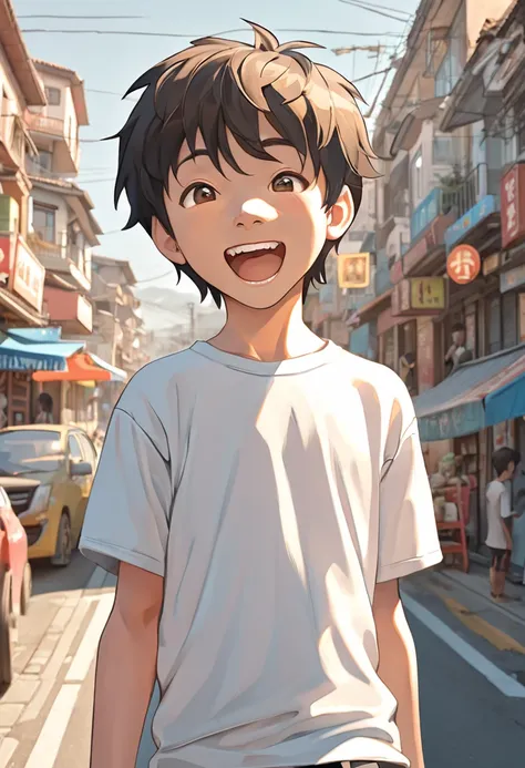 Sunny at noon, (boy 1.5) A boy is on the side of the street, the street is the background, the man is wearing a white T-shirt, the background is outdoors, the expression is particularly happy, the expression of excitement, the euphoria is a close-up, the l...