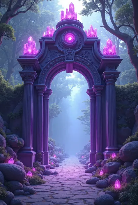 A magical purple classical architectural gate , Vertical layout .  A magical purple gate with glowing crystals in a virtual forest.