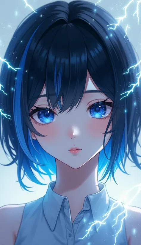 Hakki , Anime girl, Black-haired with short blue,  blue eyes and white skin ,  light particles , White lightning with blue,  good heavens, and well focused 