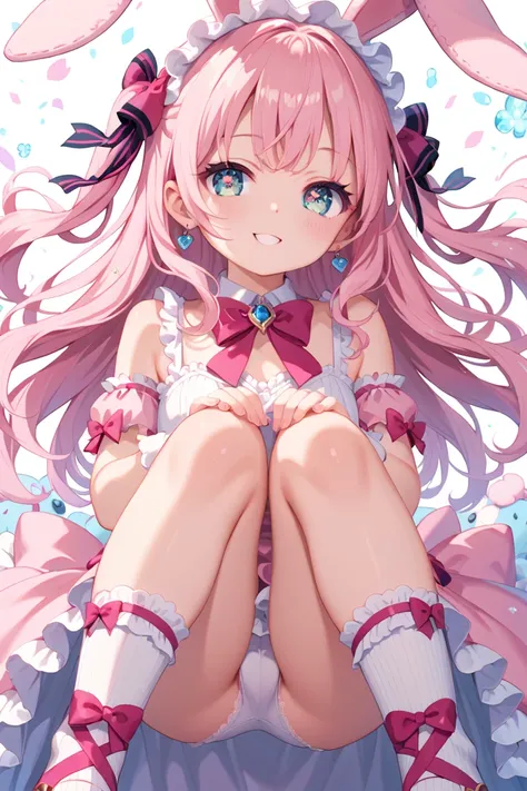 "adorable loli girl with large, sparkling eyes and a soft, innocent expression, wearing a pastel pink lolita dress adorned with lace, ribbons, and bows, delicate lace gloves and knee-high socks, a small lace parasol in one hand, and a cute plush bunny in t...