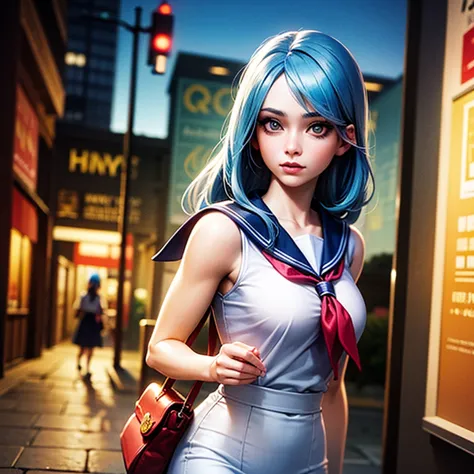  cute high school girl with strawberry pattern (age:1.2)、 big red ribbon、 light blue hair、sky blue hair 、ダークブラウンのeye、( cute sailor suit)、Light blue highlights、 walking down the street 、( looking back and facing the viewer)、(whole body)、( camera angle :far ...