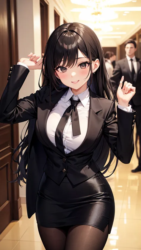 sexy older sister in a black business suit　　 　　The black tie is tight　 black pencil skirt 　Brown tights　A radiant smile　  high res　  high res　Stay in the casino