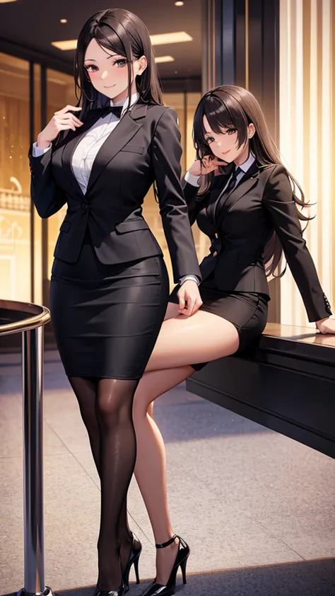 sexy older sister in a black business suit　　 　　The black tie is tight　 black pencil skirt 　Brown tights　A radiant smile　  high res　  high res　Stay in the casino