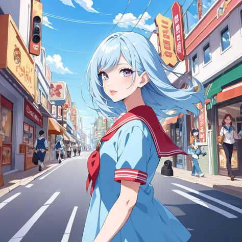  cute high school girl with strawberry pattern (age:1.2)、 big red ribbon、 light blue hair、sky blue hair 、ダークブラウンのeye、( cute sailor suit)、Light blue highlights、 walking down the street 、( looking back and facing the viewer)、(whole body)、( camera angle :far ...