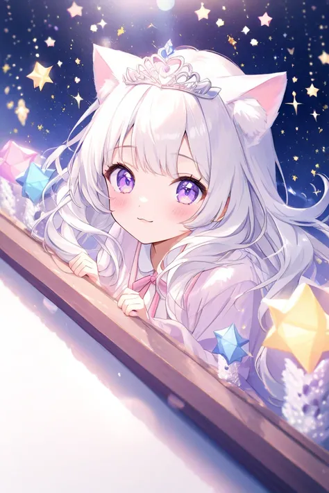 beautiful,happy,cute,kawaii,in the house,surrounded by stars and stardust,white background, kawaii, cute,dreamy atmosphere, pastel academia,half body photo, lens flare, white,white longhair,violet eyes,Cat ears,tiara