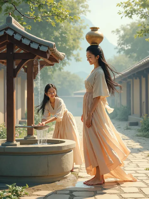 A beautiful woman standing near a well with a pot on her head and another woman drawing water from the well.Long Hair, Smile, HD, Long Hair, Abstract, 