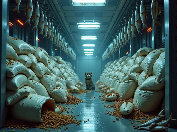 A high-tech, dimly lit futuristic room that looks like a secret storage facility. Inside, there are massive stacks of large sacks filled with cat food, some slightly open, revealing dry kibble spilling out. Numerous freshly caught fish are hanging from met...