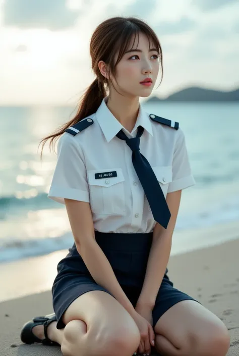 Sexy beautiful Japanese woman, a self defense officer uniform, wearing a white short-sleeved shirts, navy blue tie, navy blue pencil skirt, Black patent high heels, beautiful hip-line, Beautiful thighs, a woman sitting on the beach looking out to sea, wari...