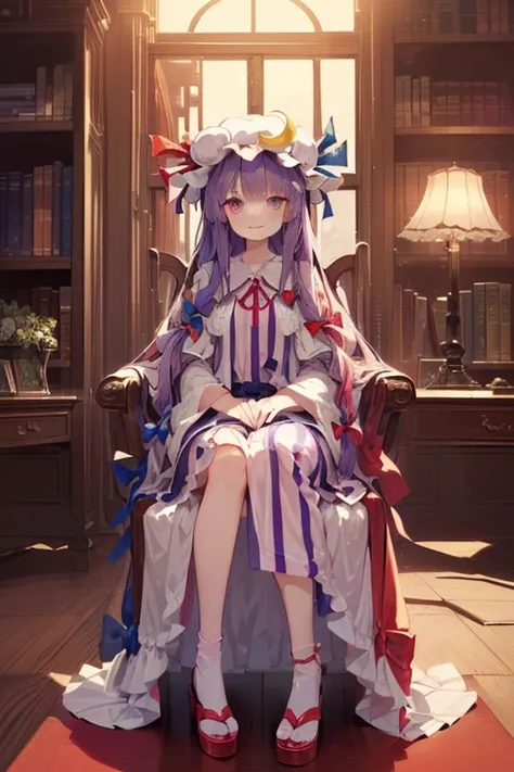  detailed depiction of up to the front door、(( Touhou Project、 patchouli norge ))、((( is in the Crimson Demon Museum library at night)))、((( sitting on a chair)))、(( in the room))、(((( gentle smile))))、 (((( height 155 cm)))、(((whole body)))、Vivid colors、(...