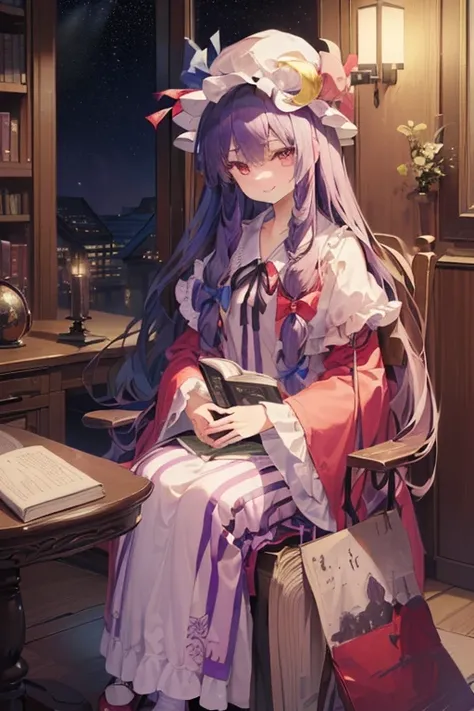  detailed depiction of up to the front door、(( Touhou Project、 patchouli norge ))、((( is in the Crimson Demon Museum library at night)))、((( sitting on a chair)))、(( in the room))、(((( gentle smile))))、 (((( height 155 cm)))、(((whole body)))、Vivid colors、(...