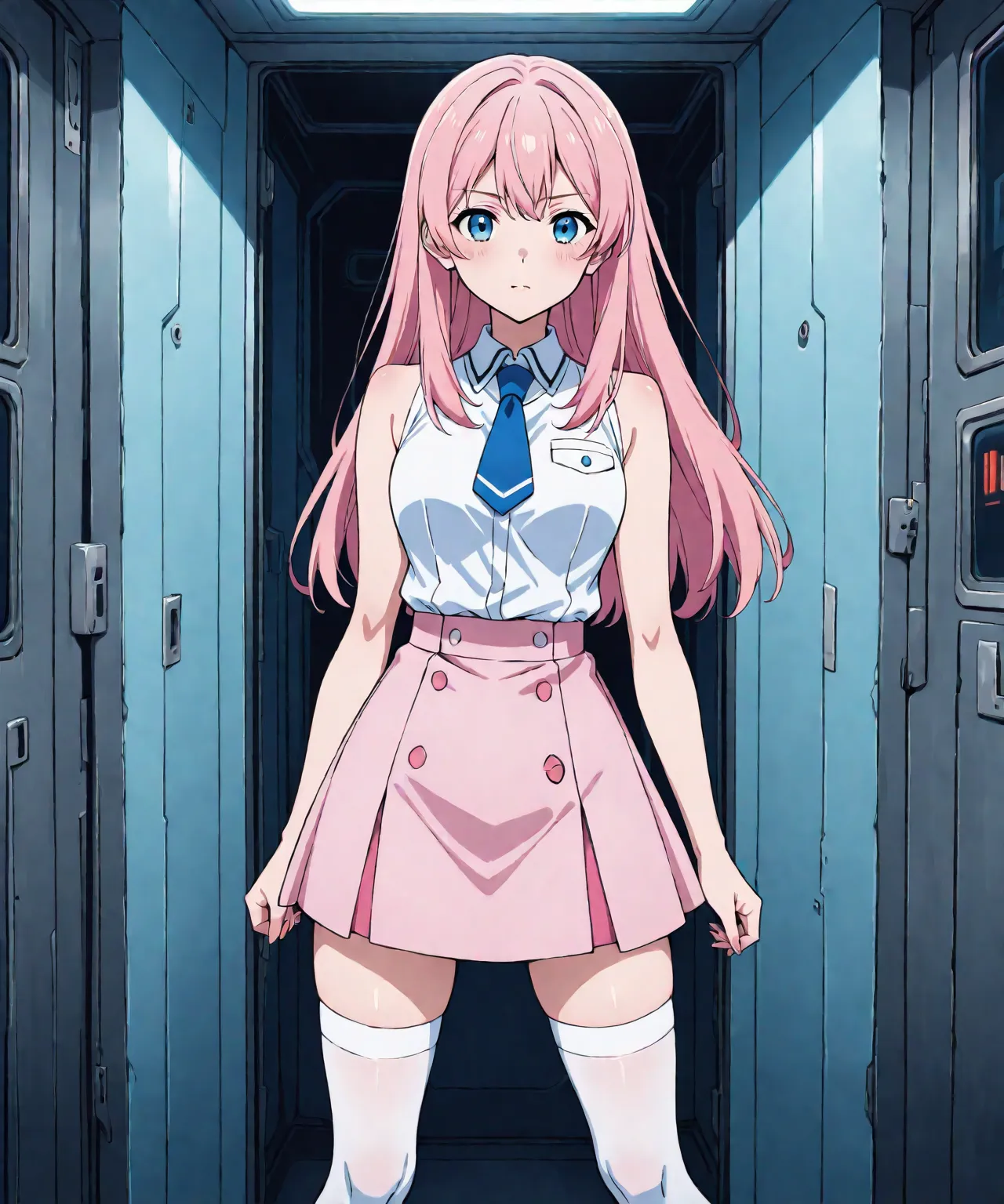 very beautiful & cute anime girl with long pink hair & blue eyes, wearing a pink skirt & a white sleeveless seifuku shirt, white knee-high socks, inside of a dark futuristic military corridor, 1girl, solo