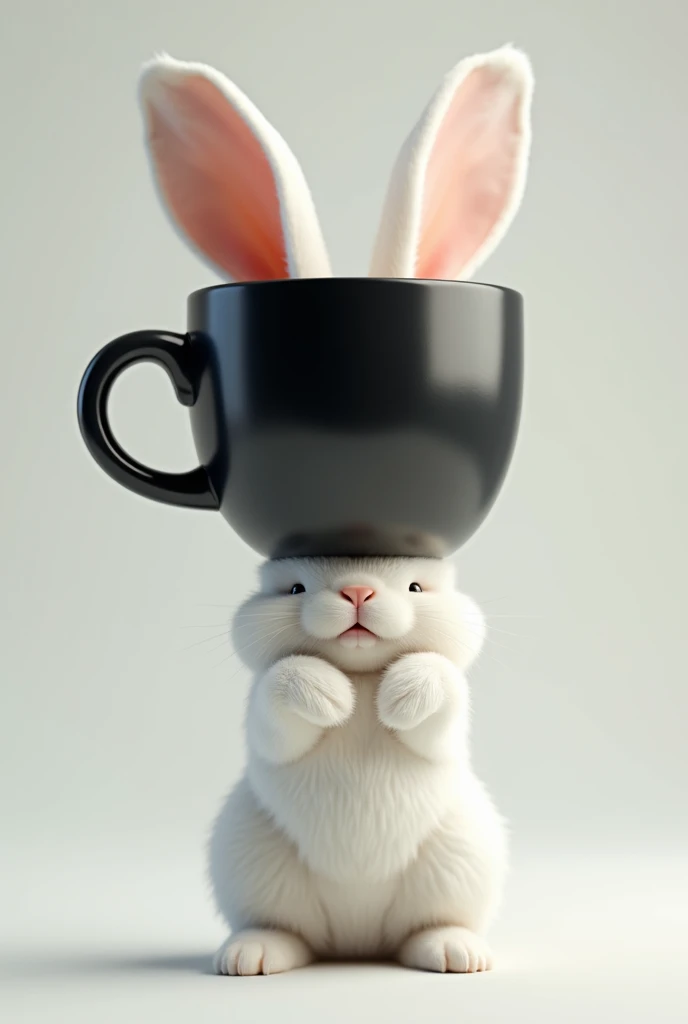 A white rabbit wearing a black coffee mug is standing