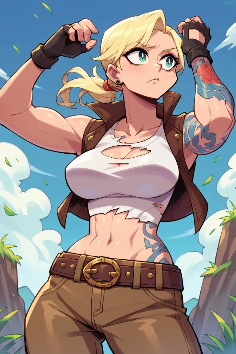 score_9, score_8_up, score_7_up, BREAK, 1girl, solo, large breasts,  lilithbl2, tattoo, makeup, fingerless gloves, midriff, belt, crop top, vest, pants, torn clothes, outdoors,