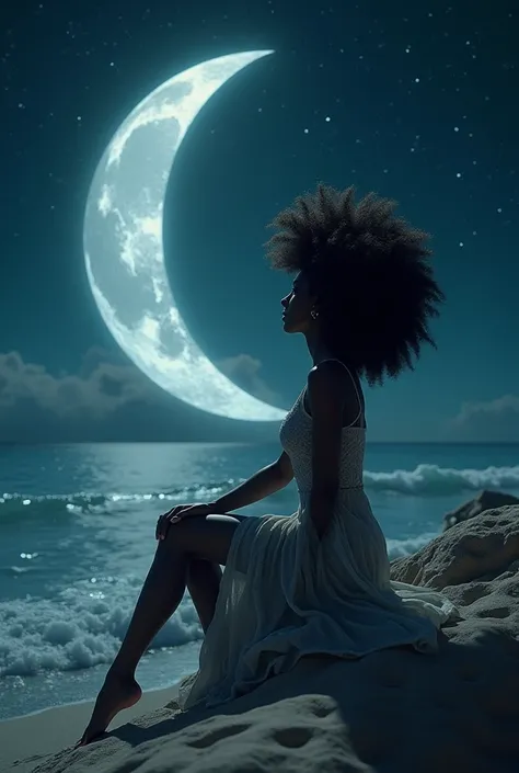 Hyper realistic scene of a woman with a big afro looking out to the stars, sitting on the edge of the moon shining on a beach 