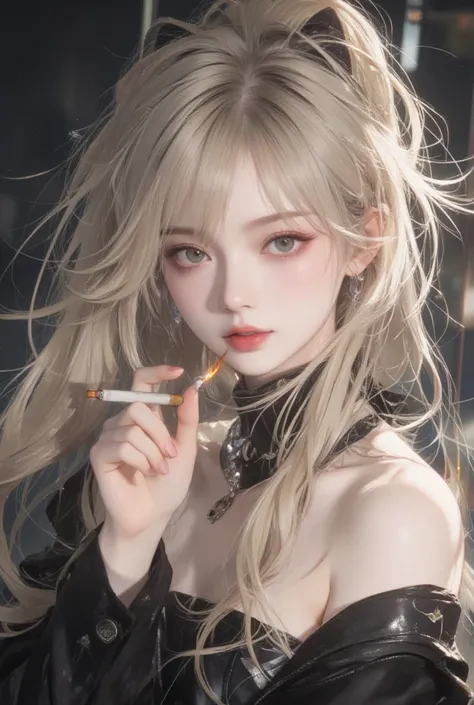 asian woman,long bright blonde hair,cats eyes, pale skin, red lips, sharp eyes, holding a cigarette, oriental.