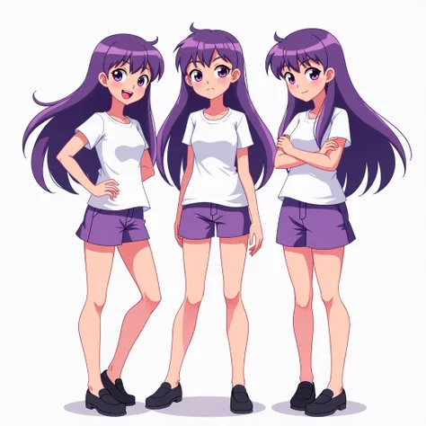 animation female character, 3girls, purple long hair, purple eyes, full body, standing, bare legs, white t-shirts, purple short pants, black shoes