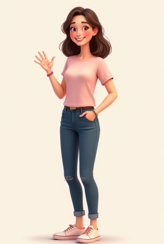 The character is a woman with brown eyes and has a pale pink shirt, dark blue pants and has pale pink sneakers with a smile and brown hair and a pink bracelet and hands as if greeting and is a  girl