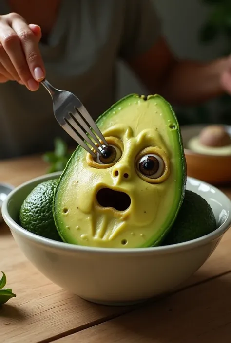 A hyperdetailed Mashed avocado bowl with a realistic human face. They are frightened.There is a person holding a fork about to eat them. The entire background should be on the dining table.  And together, 4 people who are sitting on the dining table and ea...