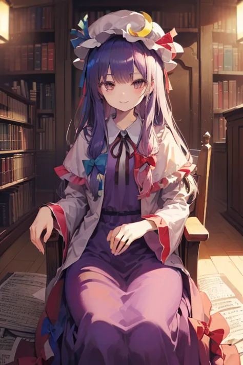  detailed depiction of up to the front door、(( Touhou Project、 patchouli norge ))、((( is in the Crimson Demon Museum library at night)))、((( sitting on a chair)))、(( in the room))、(((( gentle smile))))、 (((( height 155 cm)))、(((whole body)))、Vivid colors、(...