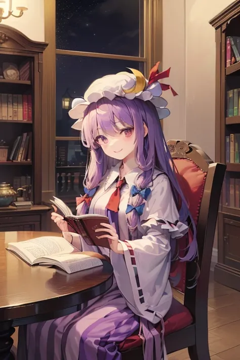  detailed depiction of up to the front door、(( Touhou Project、 patchouli norge ))、((( is in the Crimson Demon Museum library at night)))、(((Sitting in a chair reading)))、(( in the room))、(((( gentle smile))))、 (((( height 155 cm)))、(((whole body)))、Vivid c...