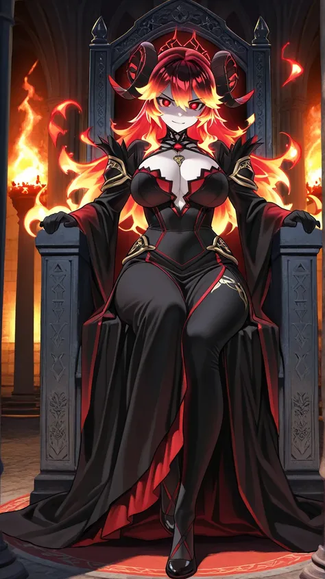 [Characters]
Villain: Demon Queen Yahiro Terao, Long fiery red hair tied in a sleek black bun, black curled horns, blood-red eyes glowing with intensity, and flawless pale skin contrast against her form-fitting ominous black dress adorned with intricate go...