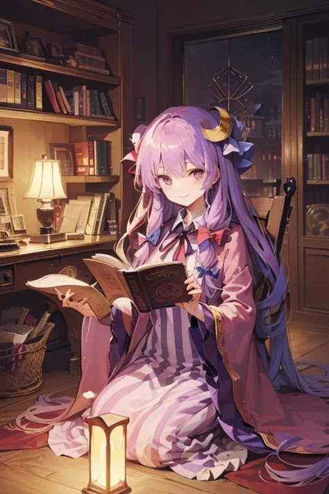  detailed depiction of up to the front door、(( Touhou Project、 patchouli norge ))、((( is in the Crimson Demon Museum library at night)))、(((Sitting in a chair reading)))、(( in the room))、(((( gentle smile))))、 (((( height 155 cm)))、(((whole body)))、Vivid c...