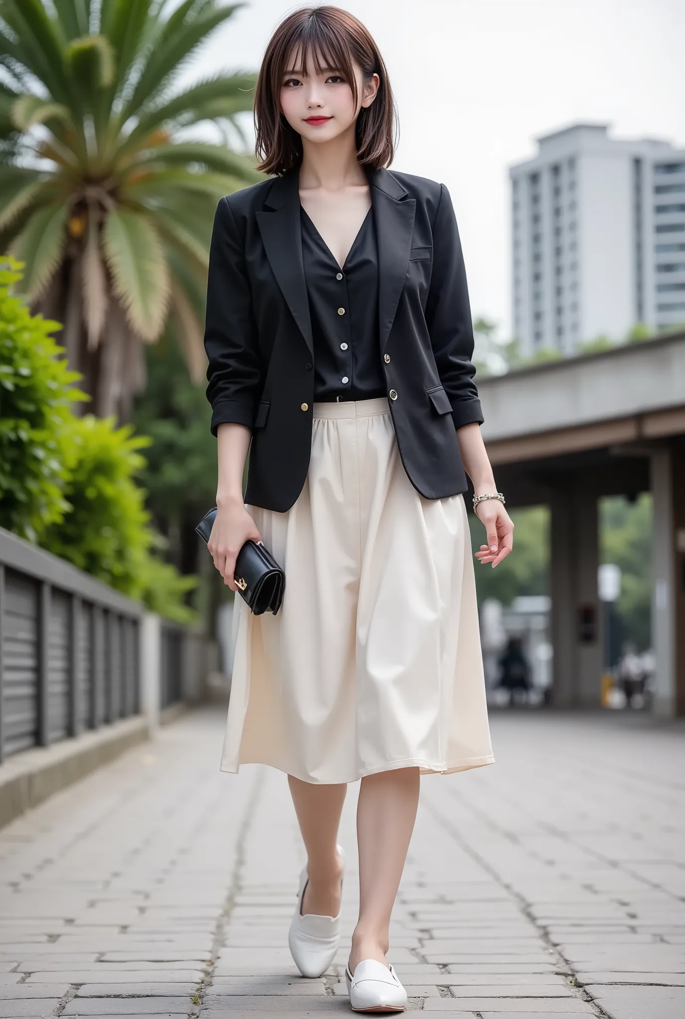 natural photorealistic,An elegant career woman in a mid-range shot, slightly tilted angle, walking gracefully while wearing a black blazer over a black button-up shirt, paired with an ivory flared skirt and white loafers. She carries a black clutch bag wit...