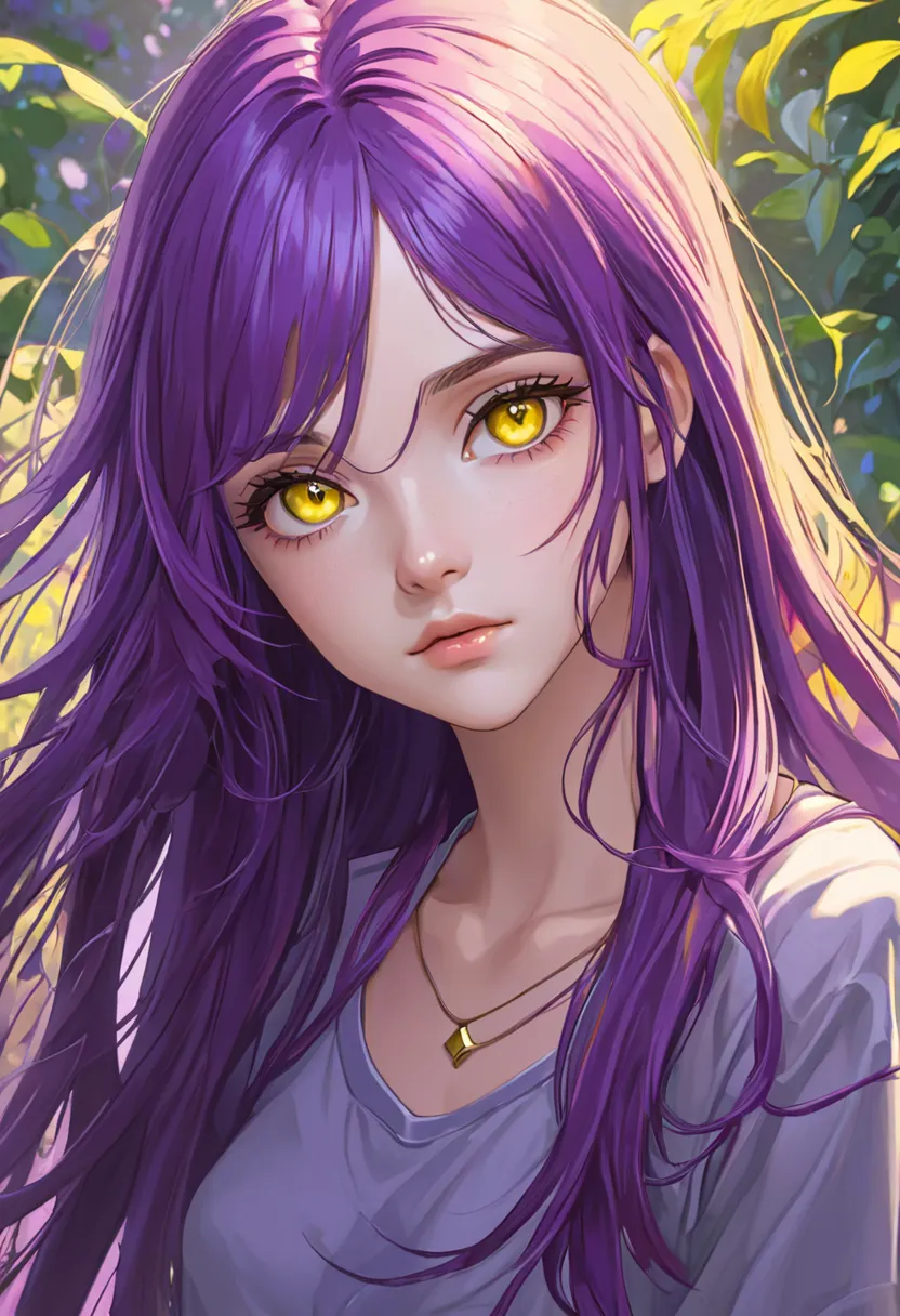 PORTRAIT OF woman 21 years old, with YELLOW eyes and violet hair, loose t-shirt, leaning forward, small breasts, blouse extended downwards, long hair, pretty face, woman with violet hair and yellow eyes, perfect face, serene face, disheveled hair, shiny ha...