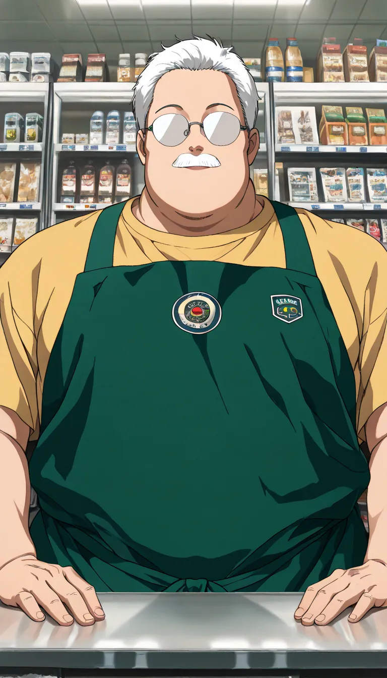 (1boy, sakamoto, sakamoto (sakamoto days)), (extremely detailed CG unit 8k wallpaper),(master part), (best quality), (ultra detail), (best illustration),(ghibli_style), cowboy shot, close up, standing behind counter, facing viewer, looking at viewer, perfe...