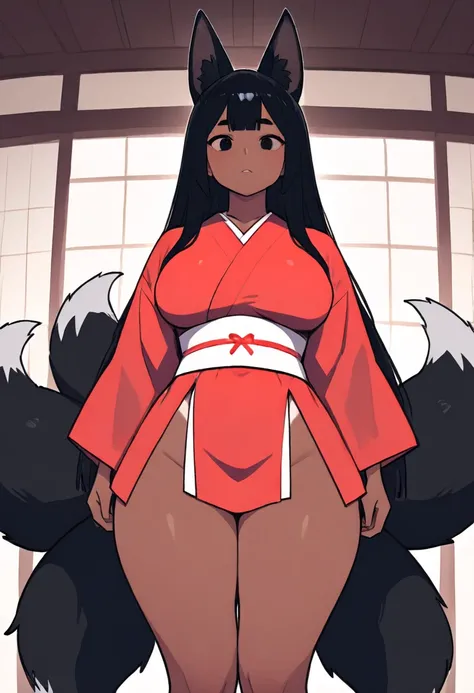 a beautiful young Japanese woman with long silky black hair with gorgeous black eyes. Fox ears and 9 tails, small round breasts, thick thighs, lightly tanned, dressed in a dark red kimono