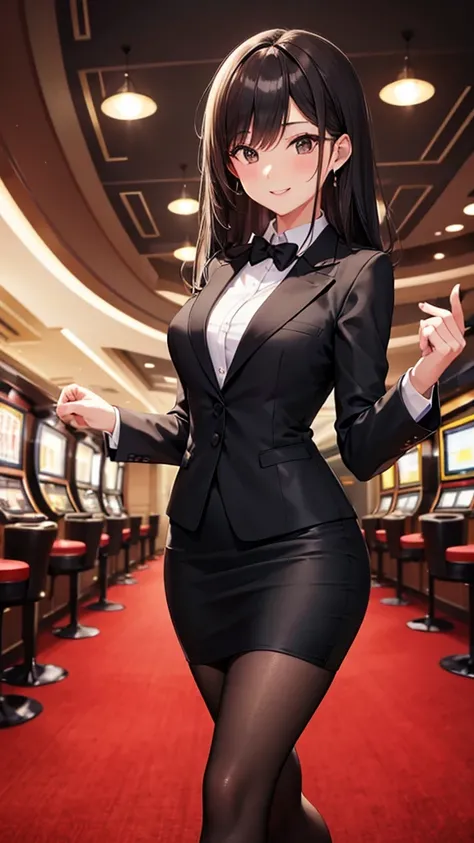 sexy older sister in a black business suit　　 　　The black tie is tight　 black pencil skirt 　Brown tights　A radiant smile　  high res　  high res　Stay in the casino