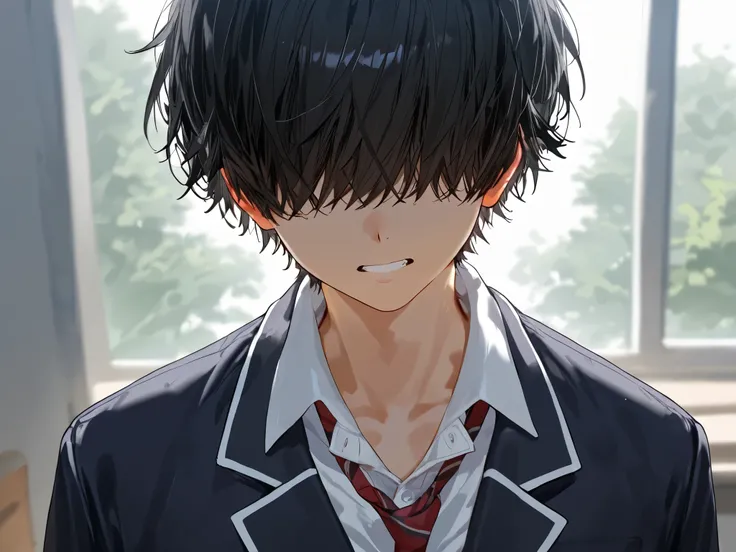 1male, strong, messy black hair, bangs over the eyes, school uniform, sexy 