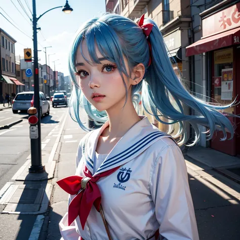  cute high school girl with strawberry pattern (age:1.2)、 big red ribbon、 light blue hair、sky blue hair 、ダークブラウンのeye、( cute sailor suit)、Light blue highlights、 walking down the street 、( looking back and facing the viewer)、(whole body)、( camera angle :far ...