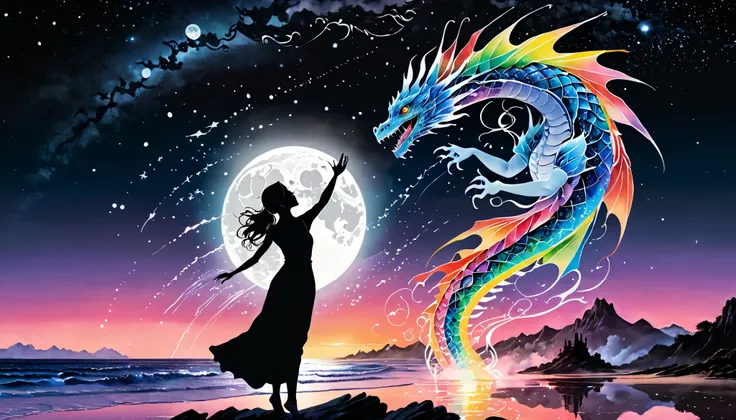 A serene silhouette artwork showing a woman with her arms raised, reaching towards the sky. Her silhouette blends with that of a baby rainbow dragon, perched delicately on her hands, under the glow of a full moon. The background features a star-filled nigh...