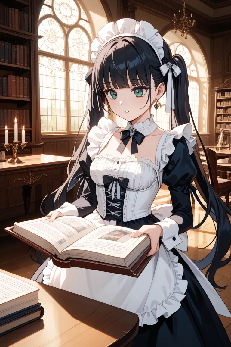 A 20-year-old gothic maid with long twin tails and black hair, dressed in an elegant black and white gothic lolita maid outfit. Her mesmerizing green irises subtly blend with her dark pupils, giving her an enchanting and mysterious expression. She wears a ...