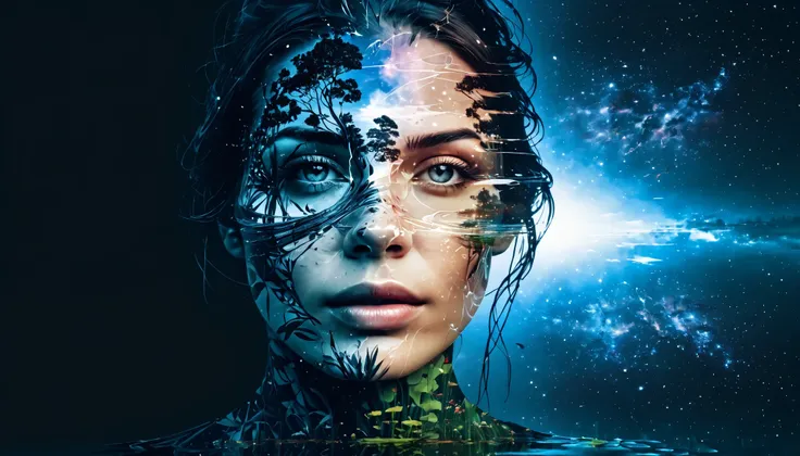 (Double exposure:1.3), effect of a women's face superimposed on a pond, ultra detailed,Galaxy