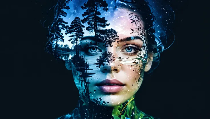 (Double exposure:1.3), effect of a women's face superimposed on a pond, ultra detailed,Galaxy