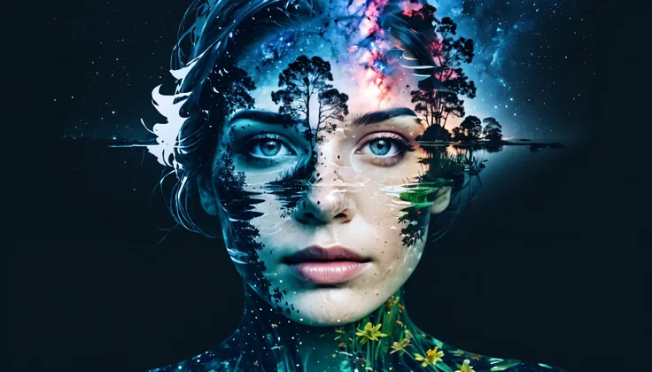 (Double exposure:1.3), effect of a women's face superimposed on a pond, ultra detailed,Galaxy