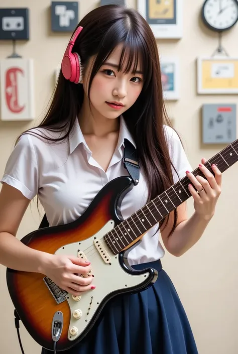  breathtakingly beautiful,  Thrilling Works ,  GIRL PLAYING DOUBLE NECK GUITAR ,  MUSIC GIRL AND DOUBLE NECK GUITAR, HARD ROCK GIRL ,  headphones:1.331,  anatomically correct 5 fingers :1.331,  tea hair,  wave hair included,  punk girl, woman" listen to me...